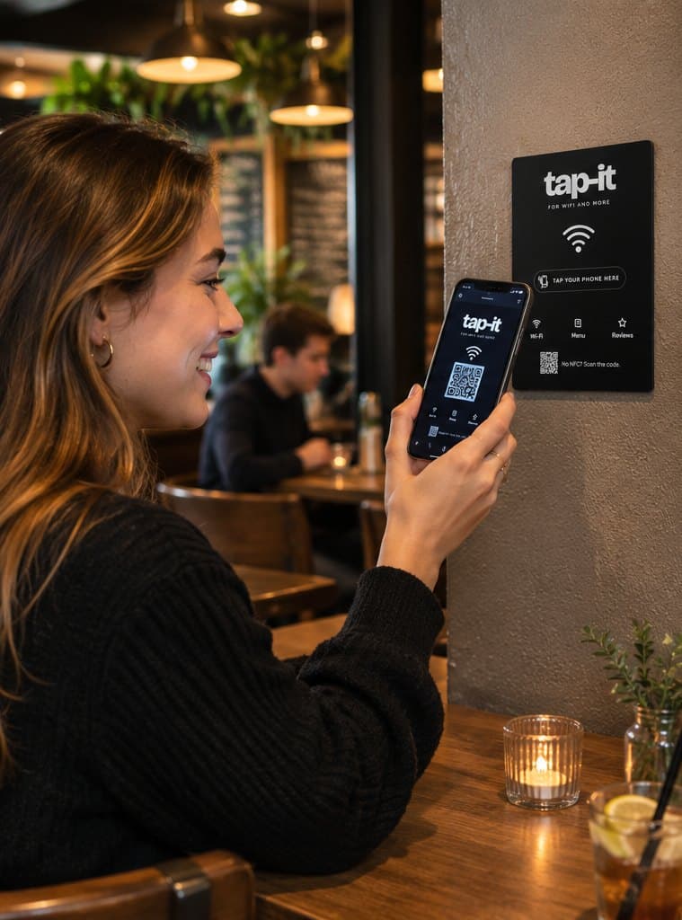 A guest taps her phone on a black tap-it sign in a café