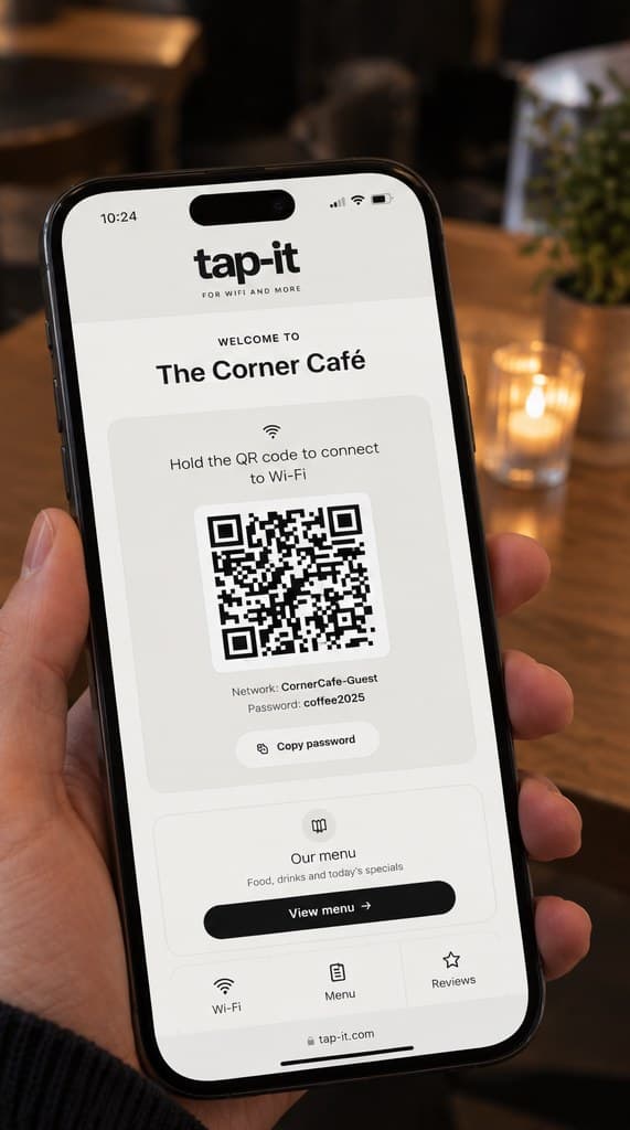 The tap-it guest page of The Corner Café on a phone