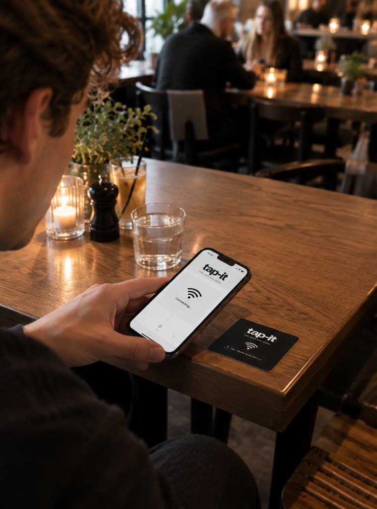 A guest at a café table next to a black tap-it card